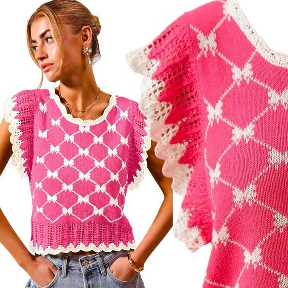 SO ME Pink Bow Ribbon Pattern Sweater Top with Back Key Hole Size Large NWT - Picture 2 of 13